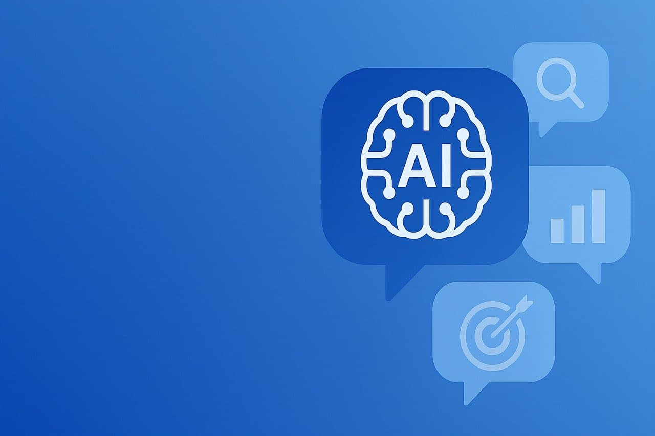 Conceito visual azul de inteligência artificial com ícone de cérebro e balões de fala