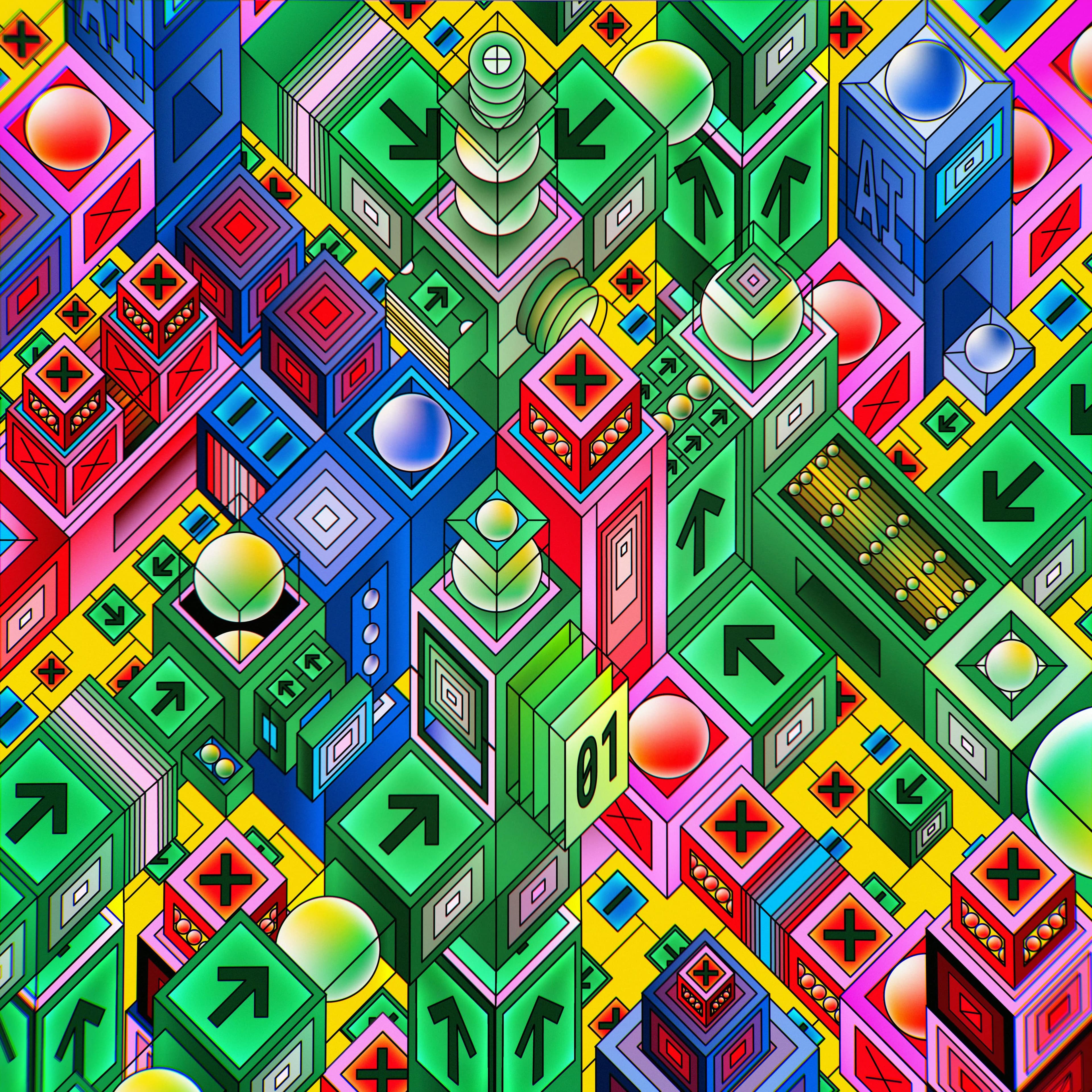 Ilustração colorida de microchips e cidade tecnológica representando inteligência artificial