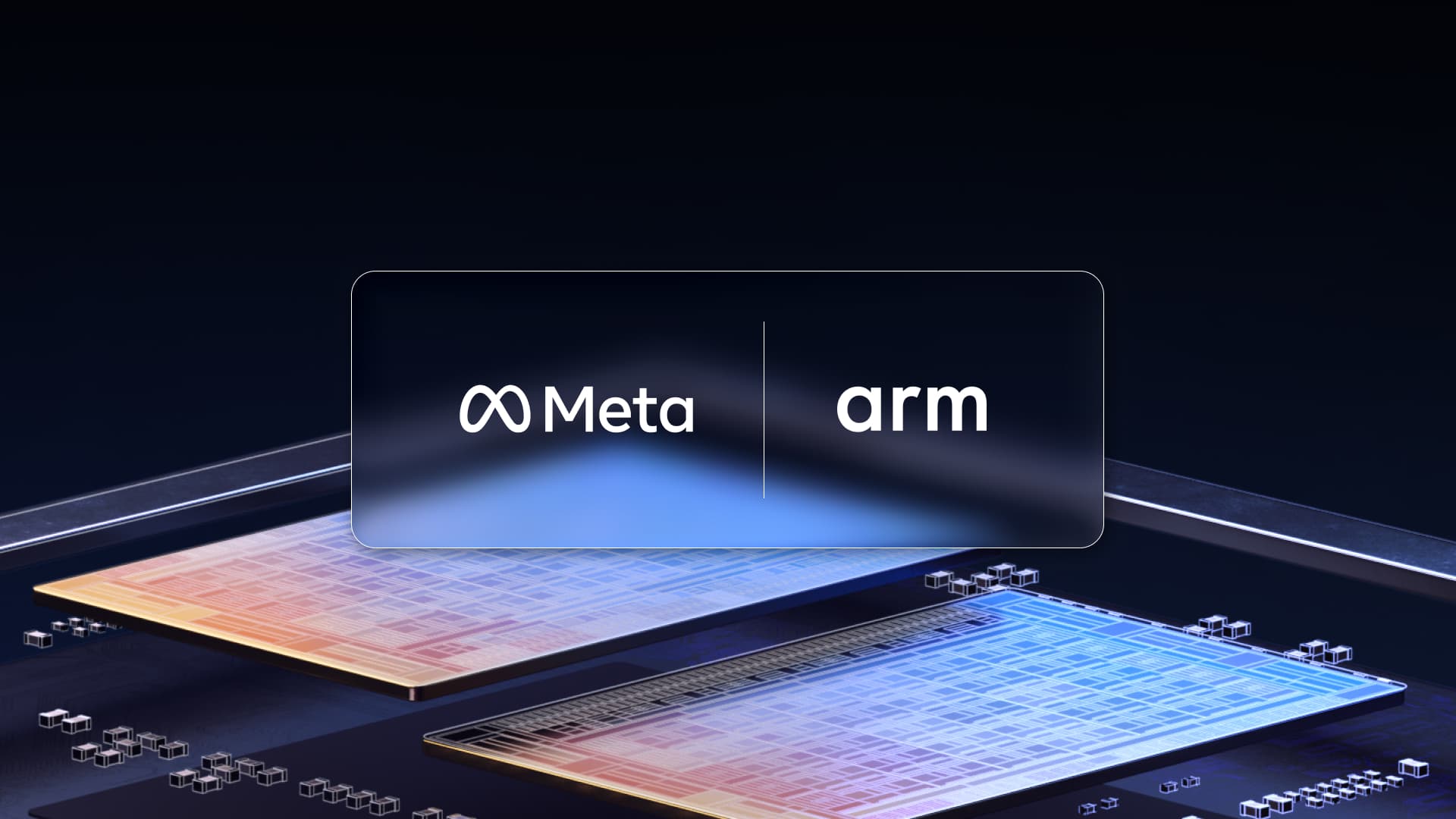 Logotipos da Meta e da Arm sobre wafer de silício