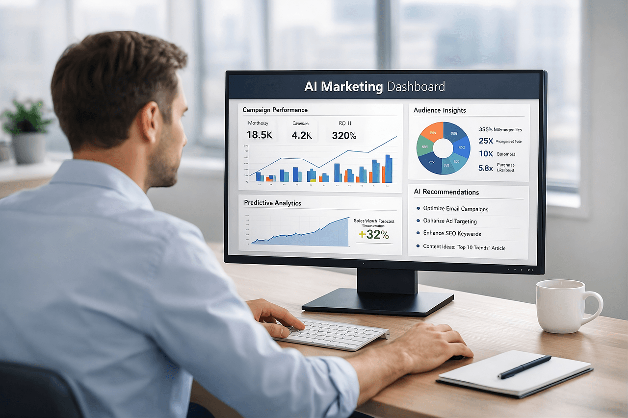 Profissional analisando painel de AI Marketing com métricas e recomendações