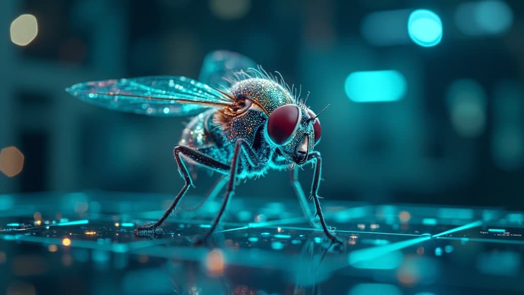 Macro da mosca-da-fruta com olhos vermelhos sobre folha verde