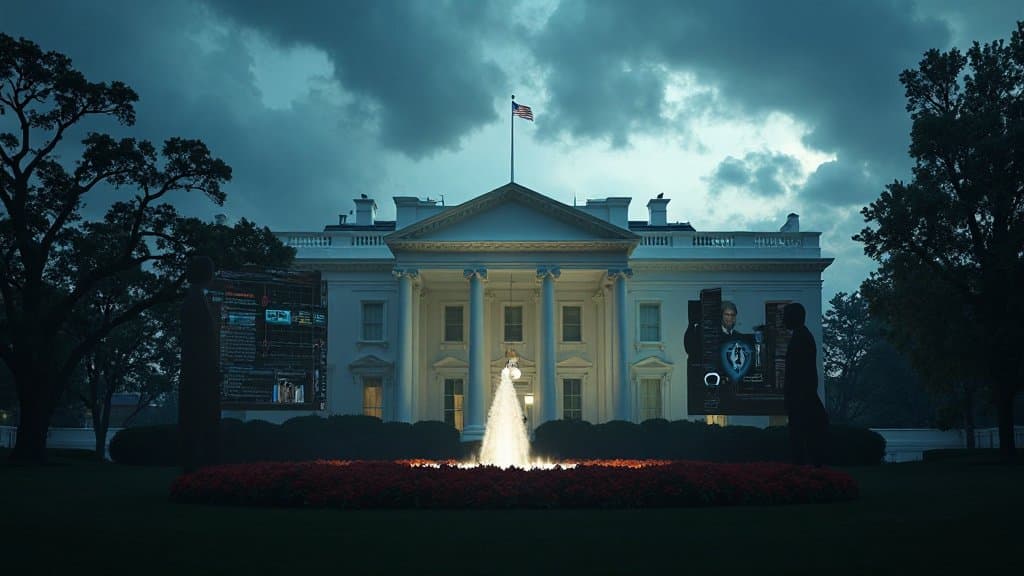 A Casa Branca em Washington, D.C., com gramado e fonte em primeiro plano