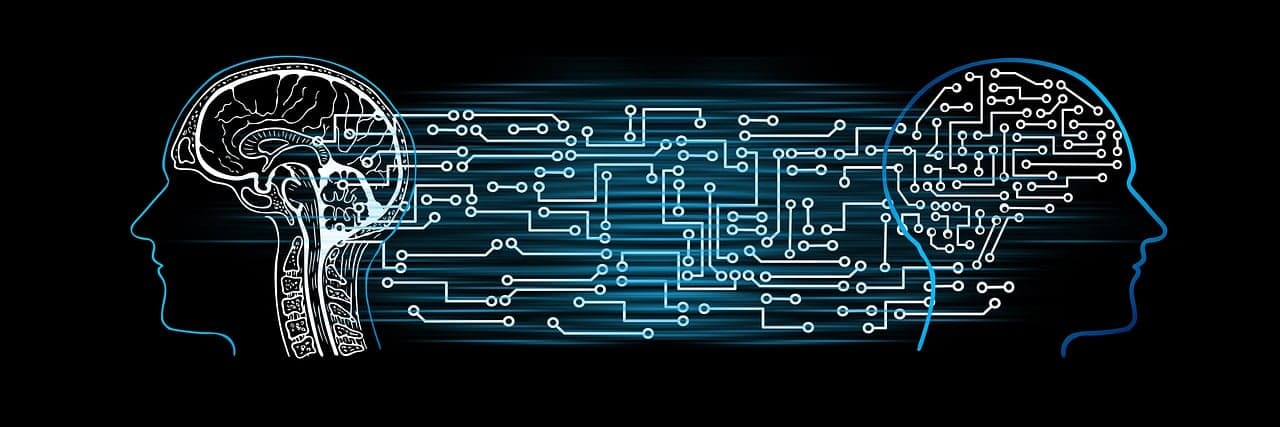 Ilustração de inteligência artificial com dois perfis conectados por circuitos