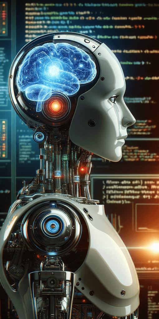 Robô futurista com cérebro digital, representando IA