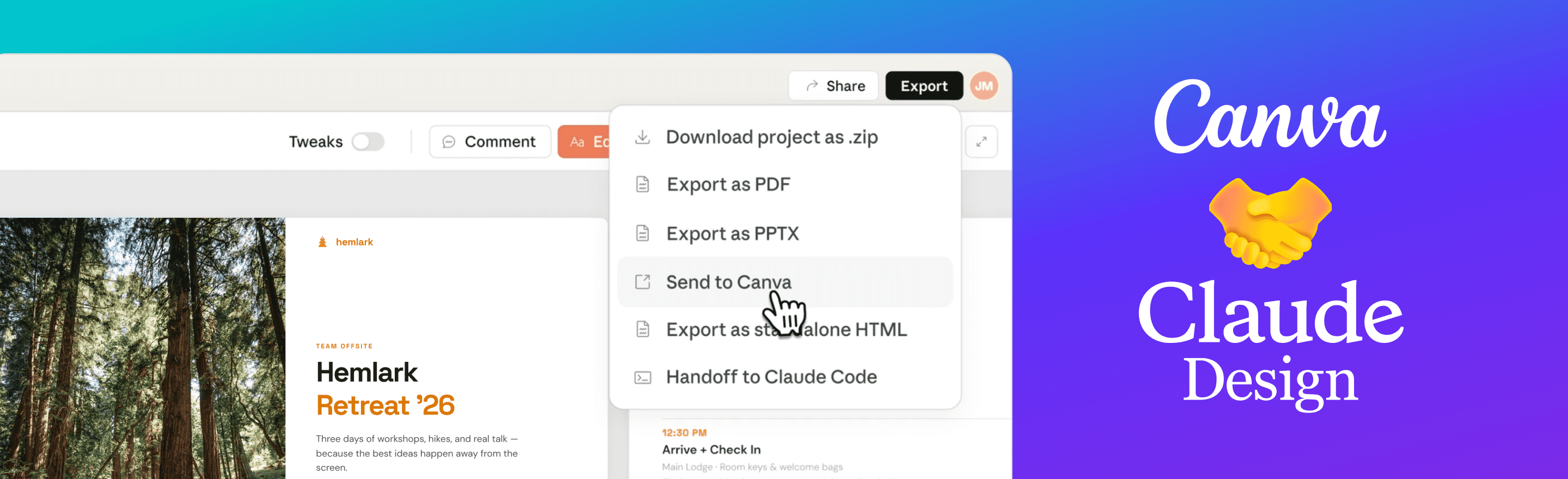 Integração Canva e Claude Design, opção Send to Canva no menu