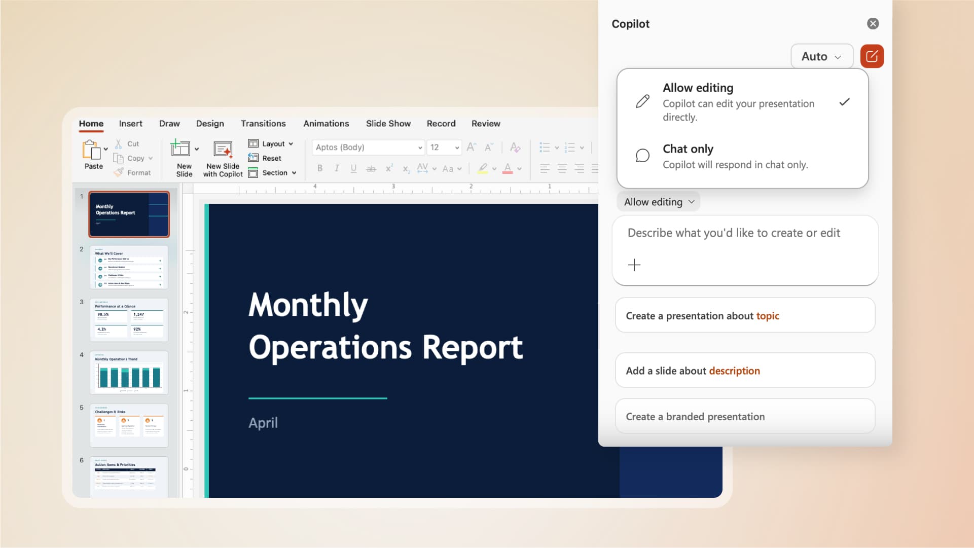 Captura do Microsoft PowerPoint com painel do Copilot exibindo ações de edição