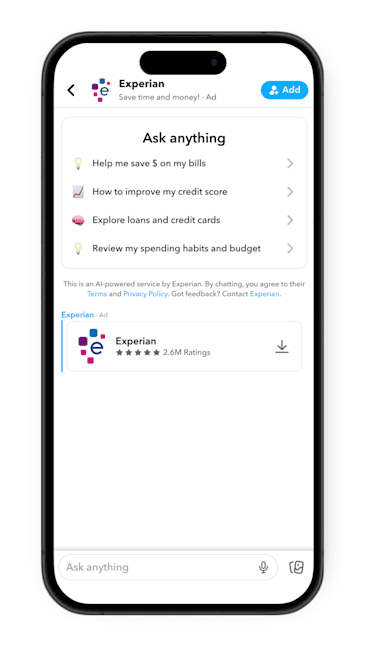 Exemplo de AI Sponsored Snap da Experian no Chat do Snapchat