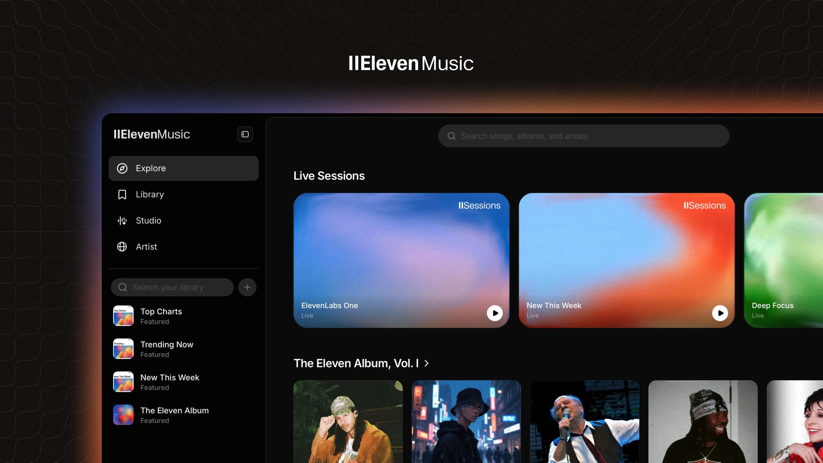 Tela do ElevenMusic com destaques de playlists e sessões ao vivo