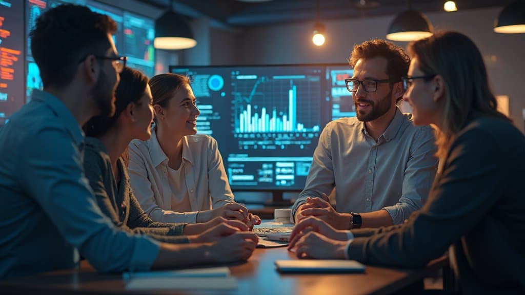 Mesa com laptop e visual de rede neural representando pesquisa com IA