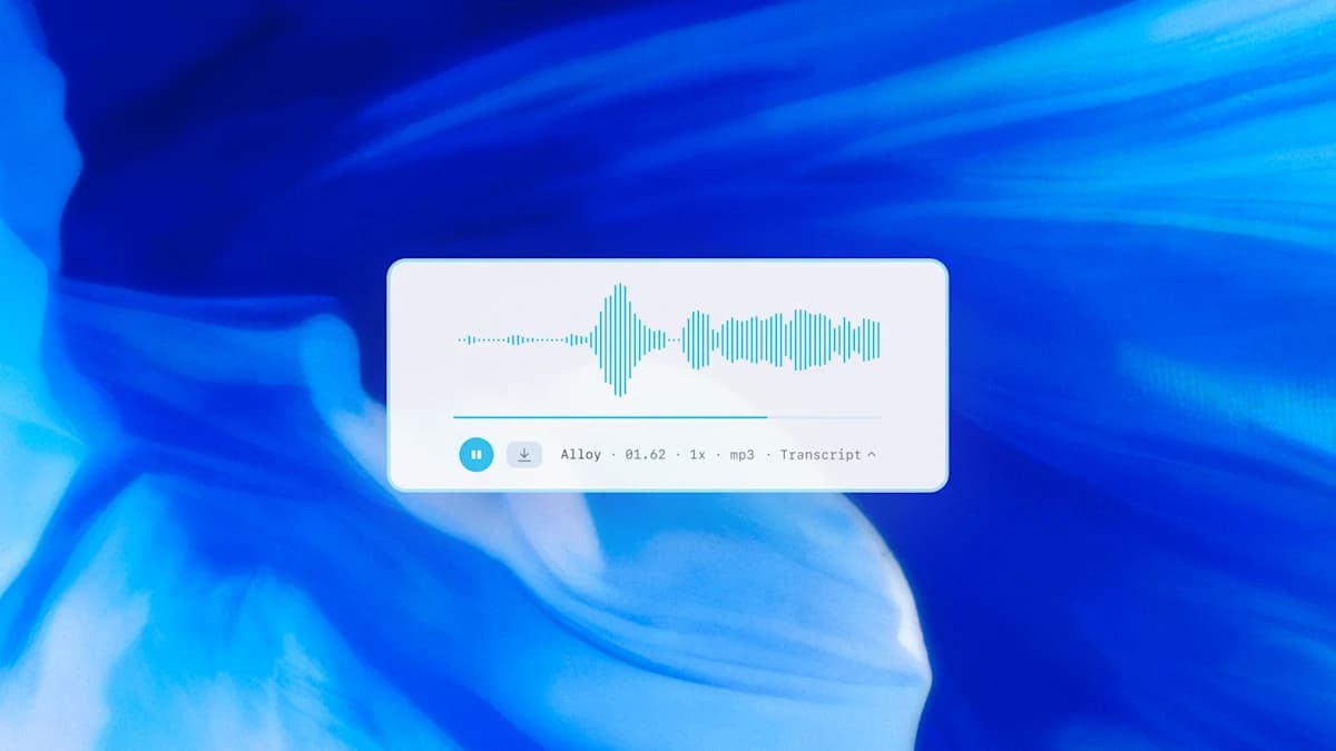 Interface de áudio com forma de onda sobre fundo azul simbolizando modelos de voz