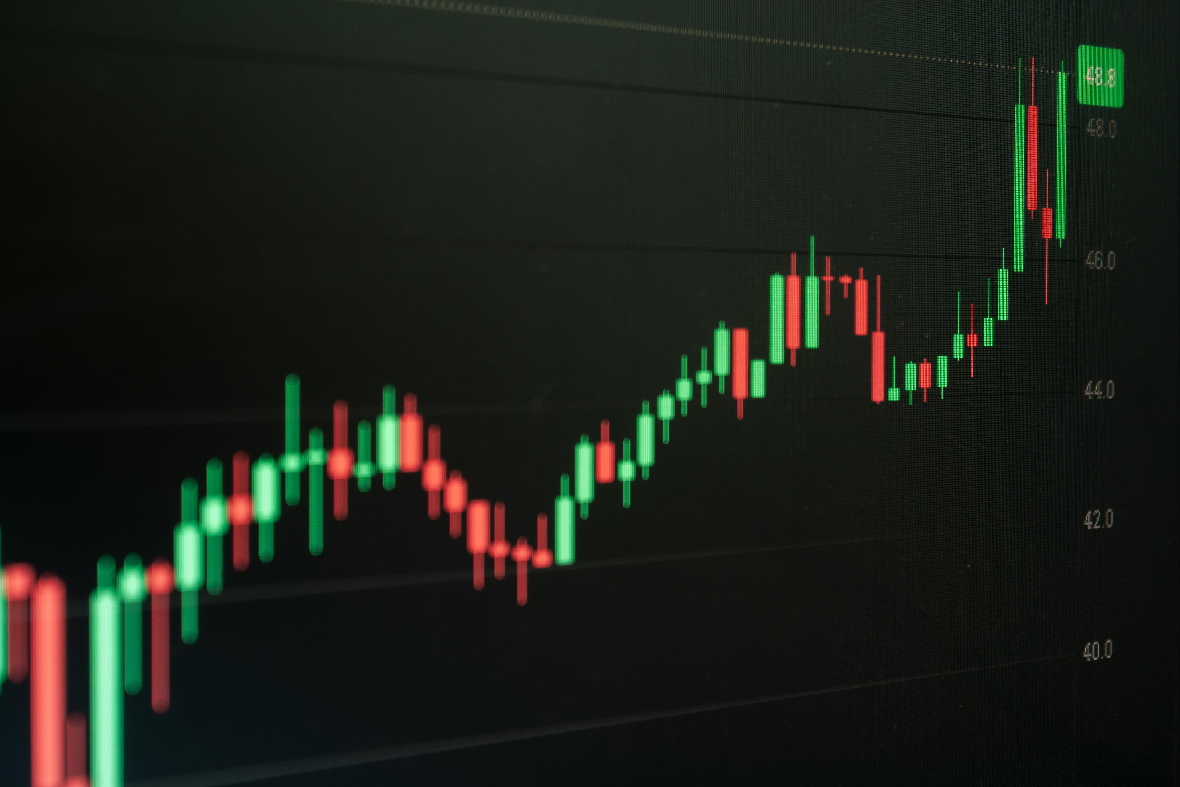 Gráfico financeiro com candles em alta em tela, representando análise de mercado