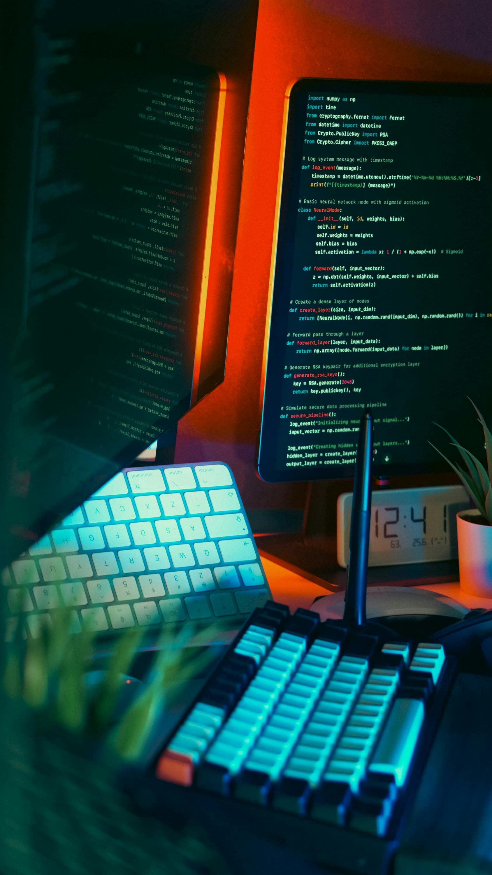 Mesa de trabalho com monitores exibindo código e iluminação colorida