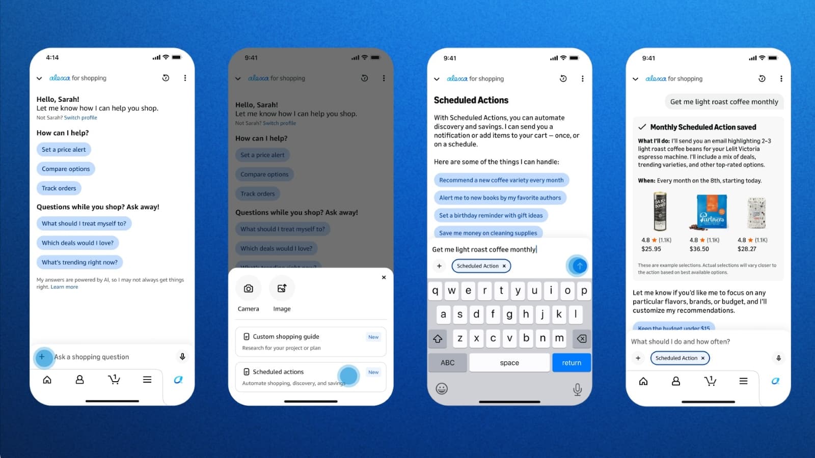 Telas do Alexa for Shopping mostrando ações agendadas, conversa e recomendações