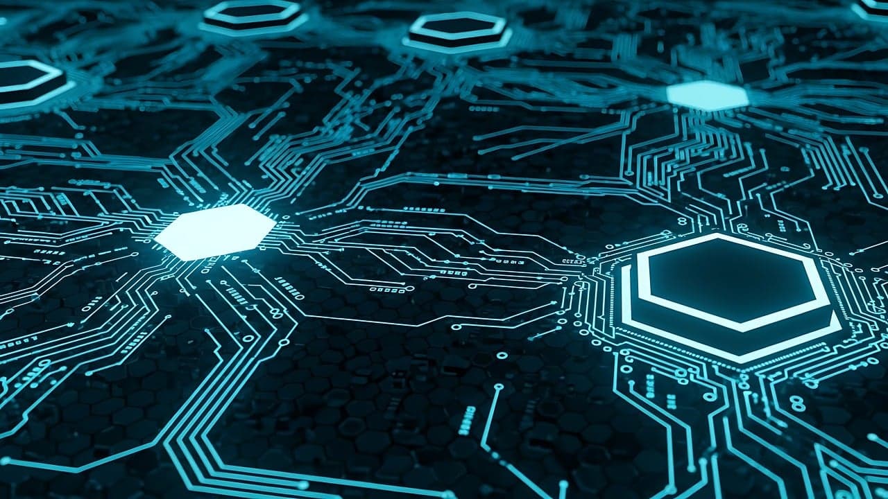 Fundo tecnológico azul com circuitos representando IA e código