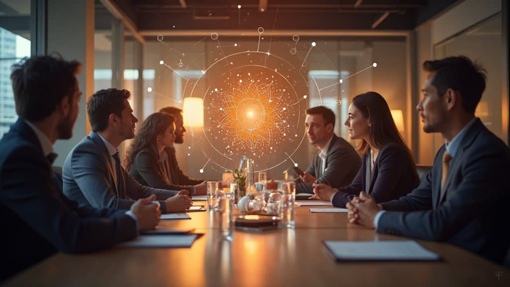 Executivos cumprimentando-se com um aperto de mãos em reunião