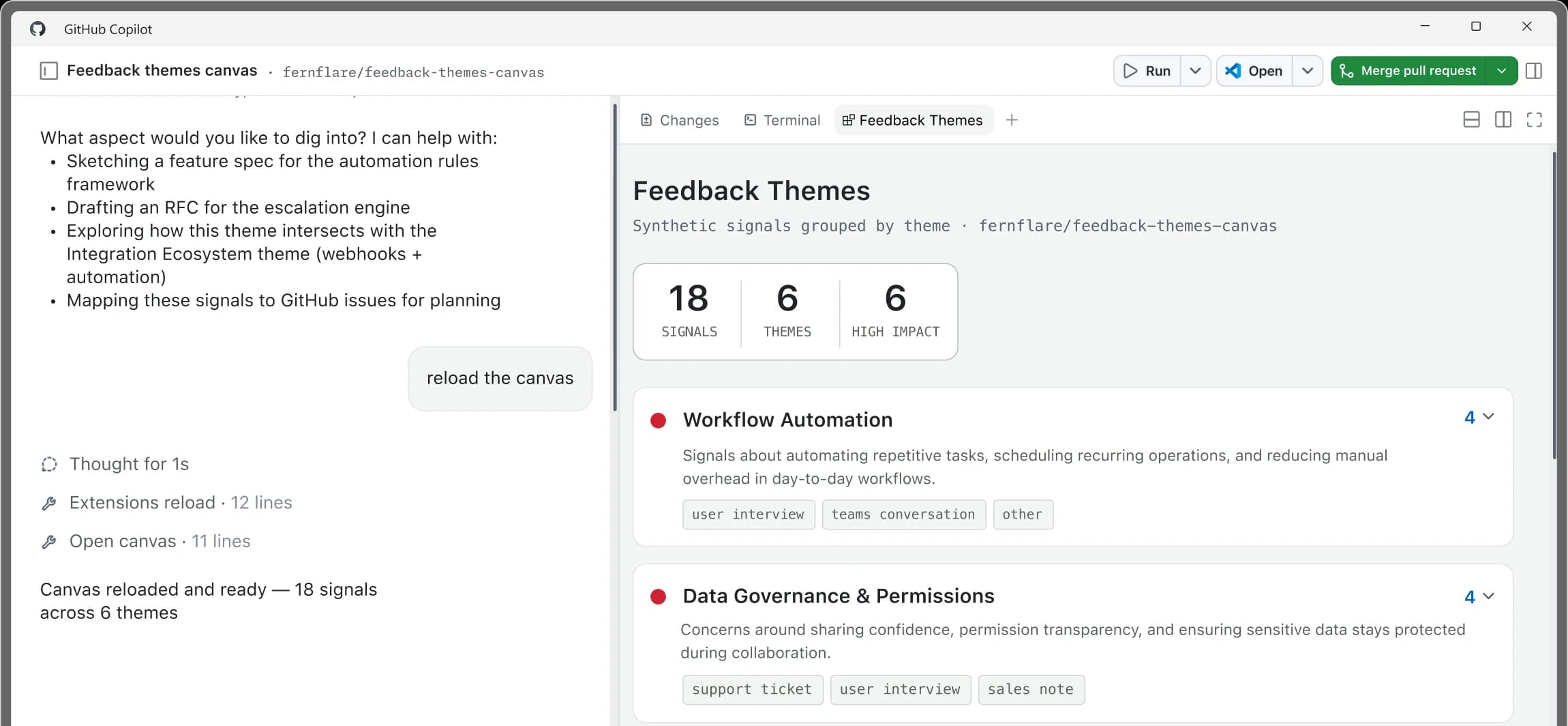 Interface do GitHub Copilot app com painel e canvas no desktop