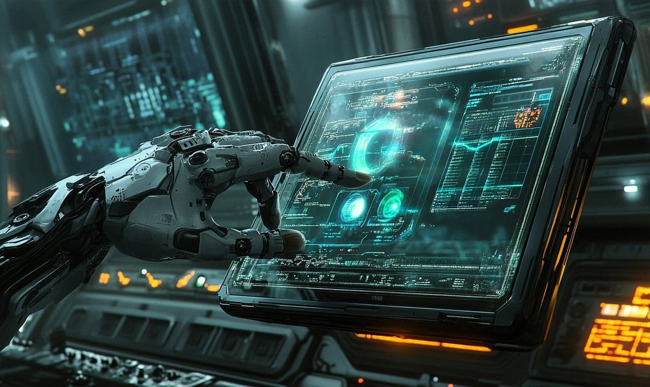 Mão robótica em touchscreen futurista representando edição de vídeo com IA