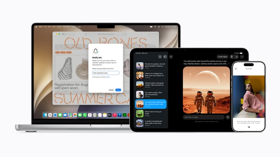 Interface do Apple Intelligence em Mac, iPad e iPhone com apps exibindo novos recursos
