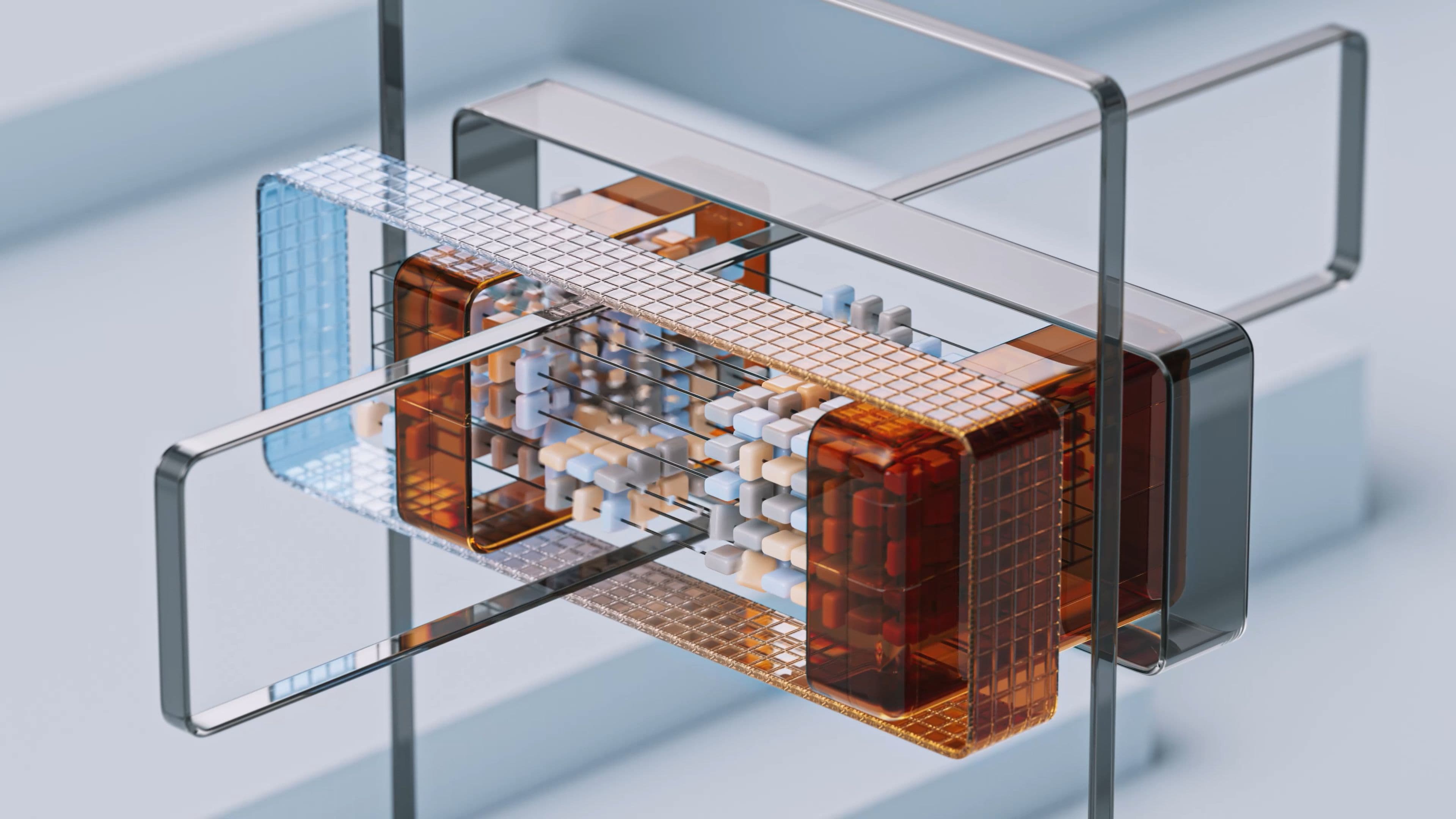 Visual abstrato que remete a interface e componentes digitais em AI design