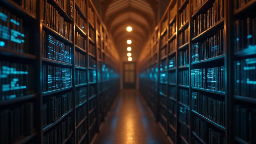 Estante de livros em biblioteca com foco seletivo, luz quente
