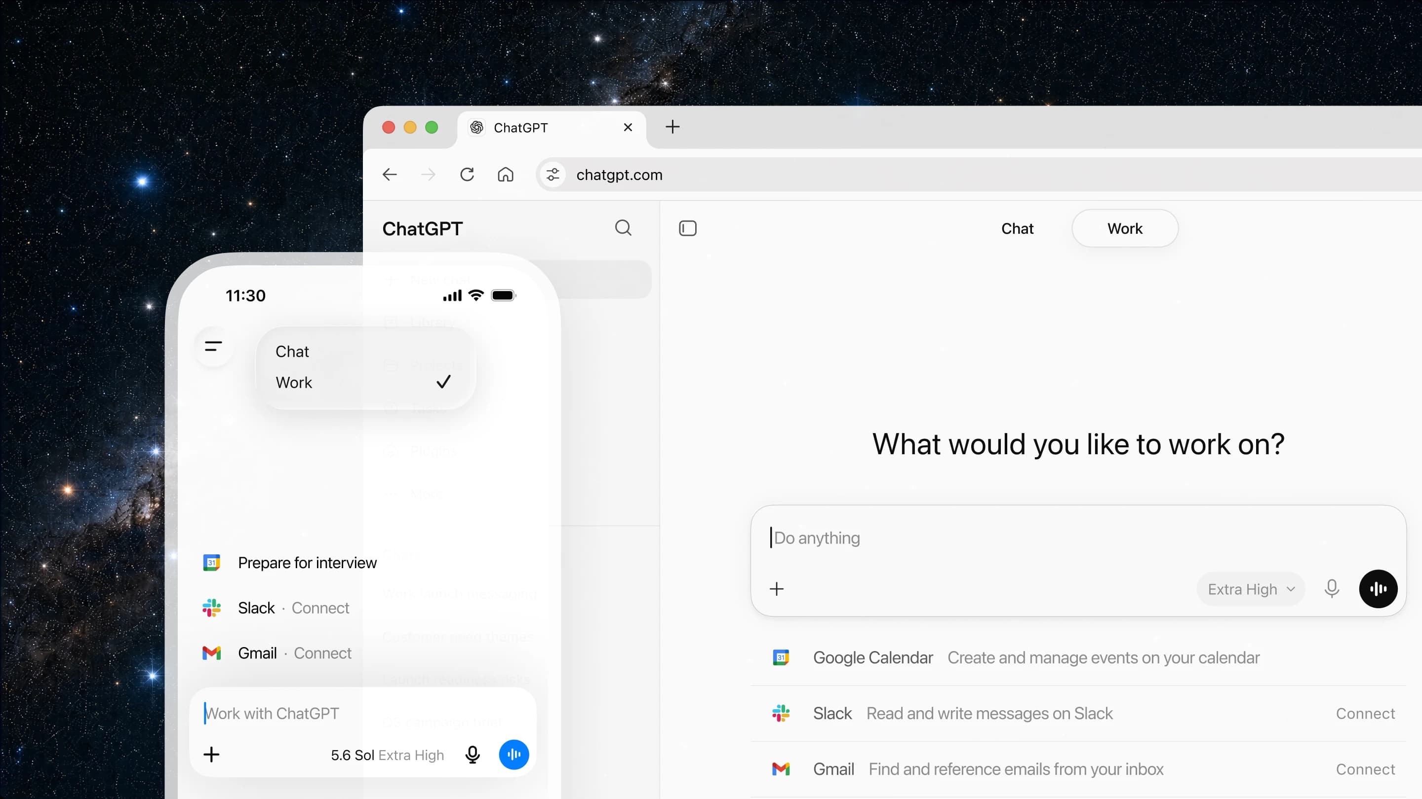 Interface do ChatGPT Work exibida em desktop e mobile, com integrações