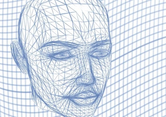 Ilustração de cabeça em wireframe representando IA