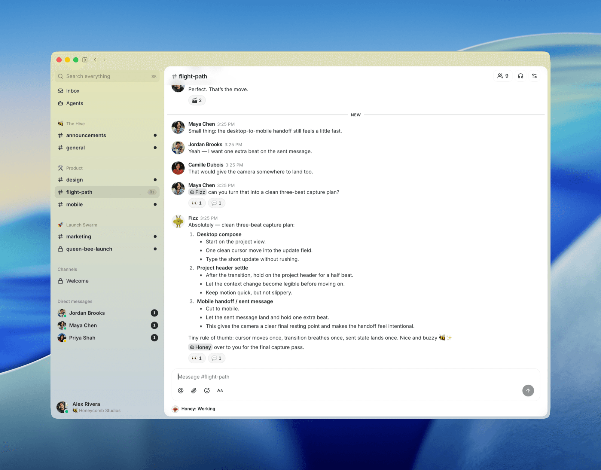 Interface do BUZZ com thread mostrando humano e agente em colaboração