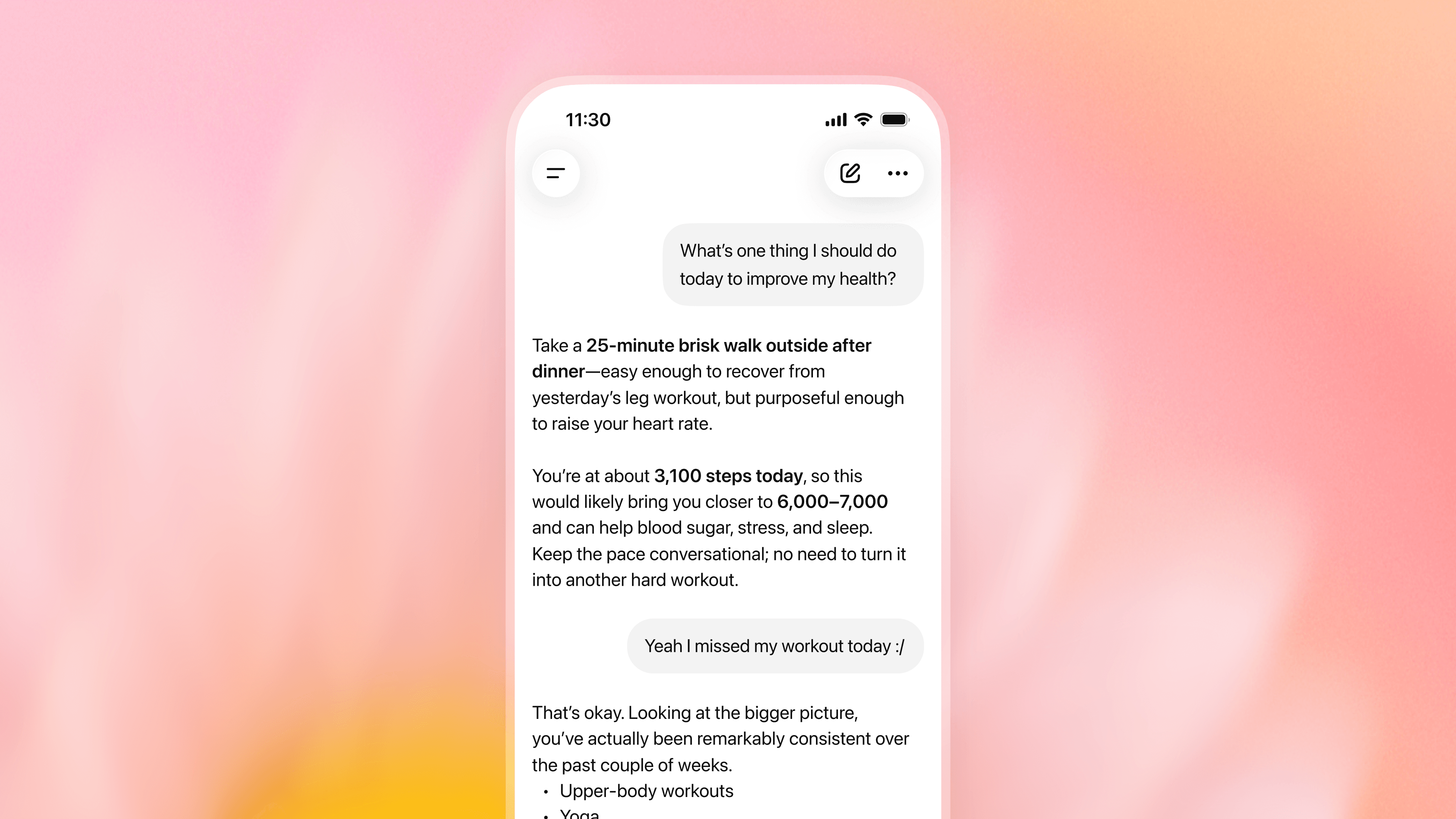 Tela do ChatGPT Health exibindo recomendações baseadas em dados de saúde
