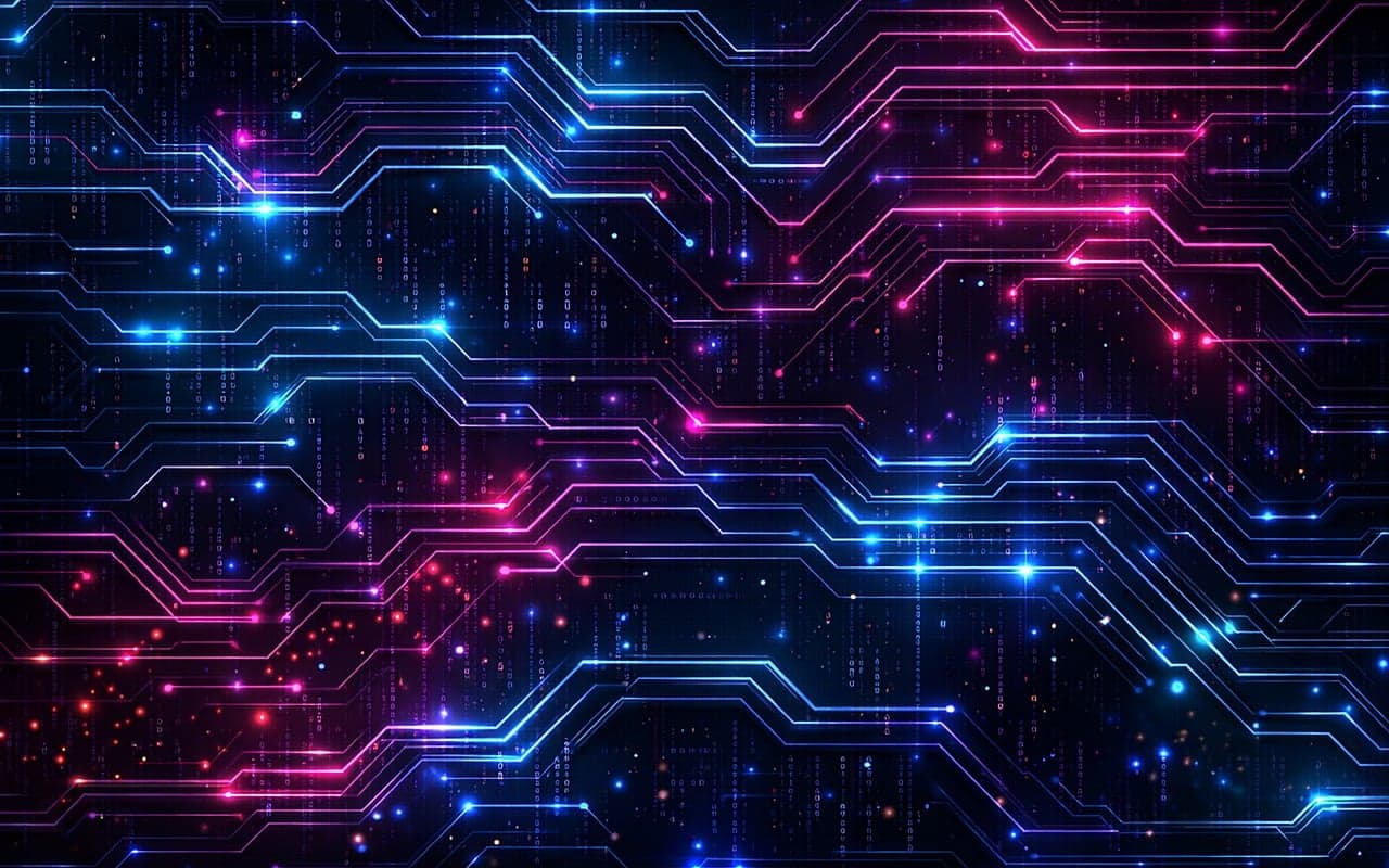 Plano de fundo tecnológico com trilhas de circuito em azul e rosa
