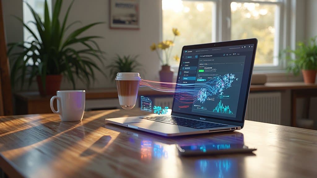 MacBook em mesa minimalista com teclado, mouse e plantas