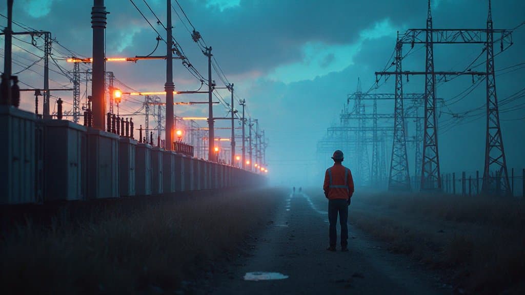 Ilustração de servidores de data center e ícone de energia com destaque para IA