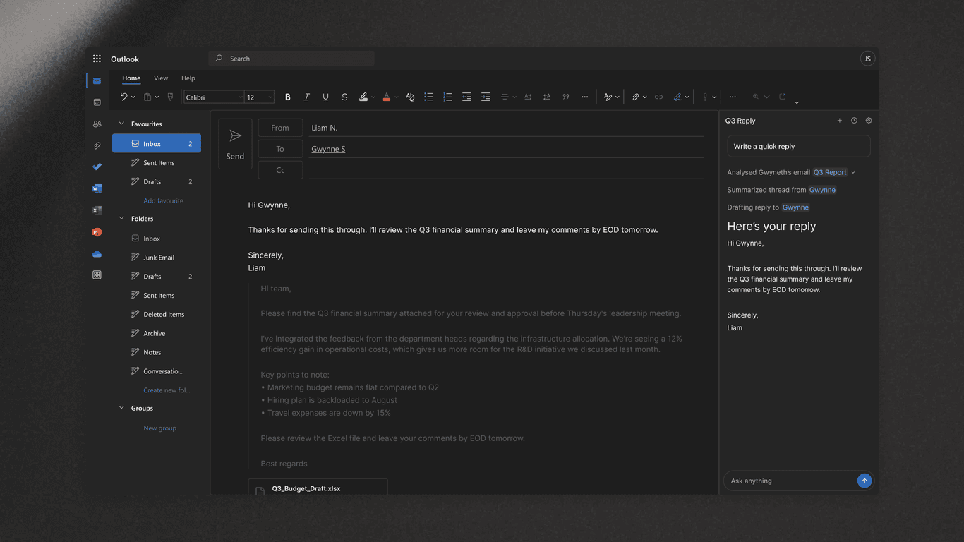 Painel do add-in Grok dentro do Microsoft Outlook com resumo de email