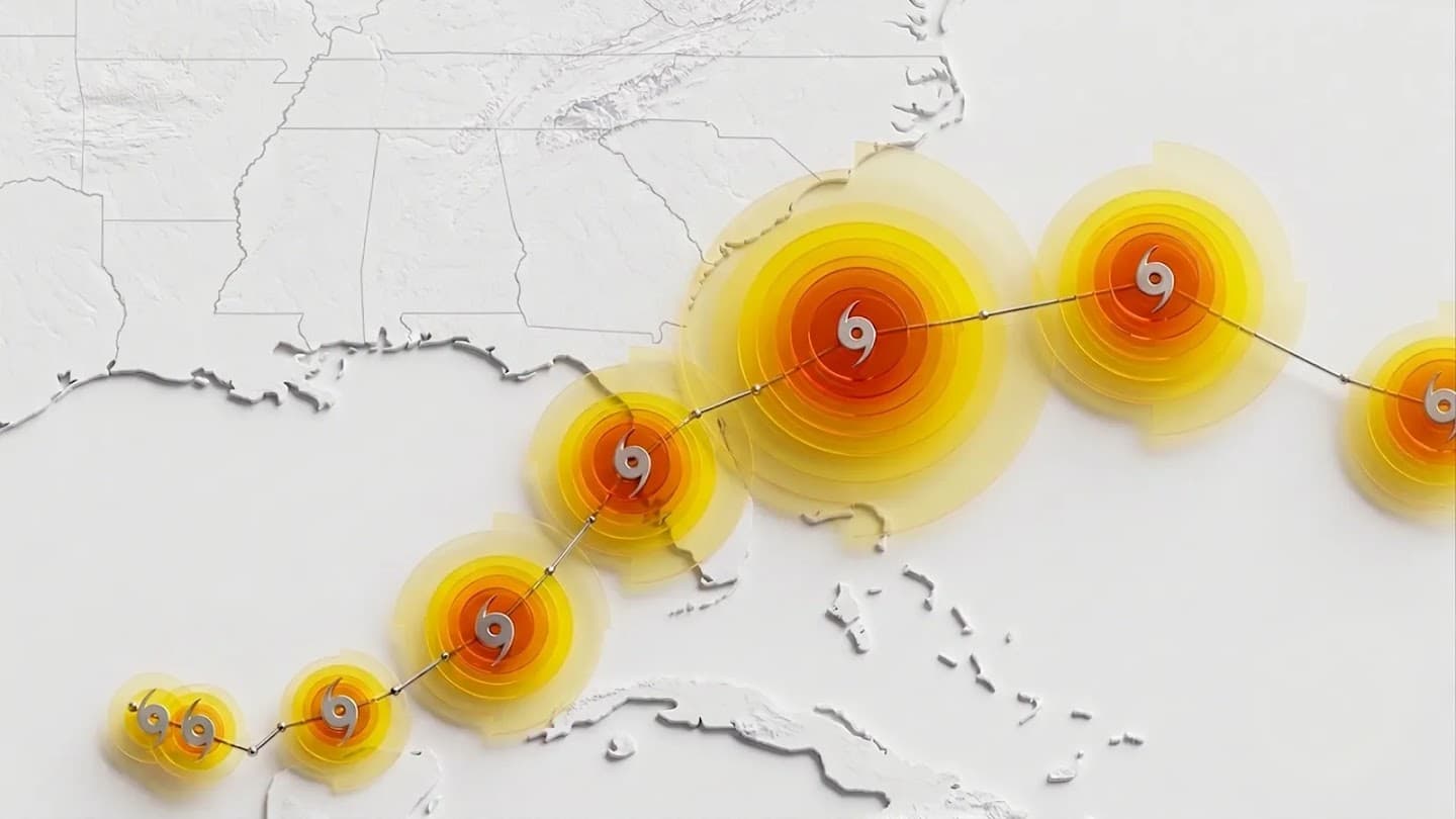 Visualização do WeatherNext com trilha de ciclone e faixas de vento sobre o Atlântico