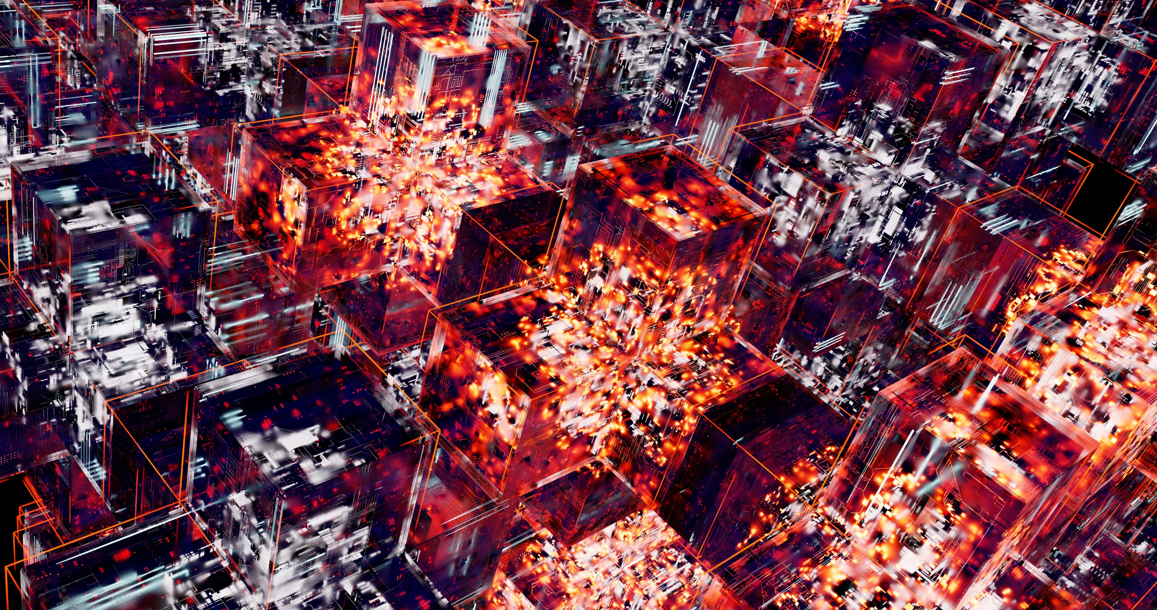Arte abstrata com cubos luminosos representando IA