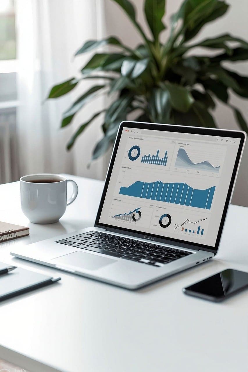 Laptop exibindo gráficos de desempenho em ambiente de trabalho, conceito de analytics e marketing digital