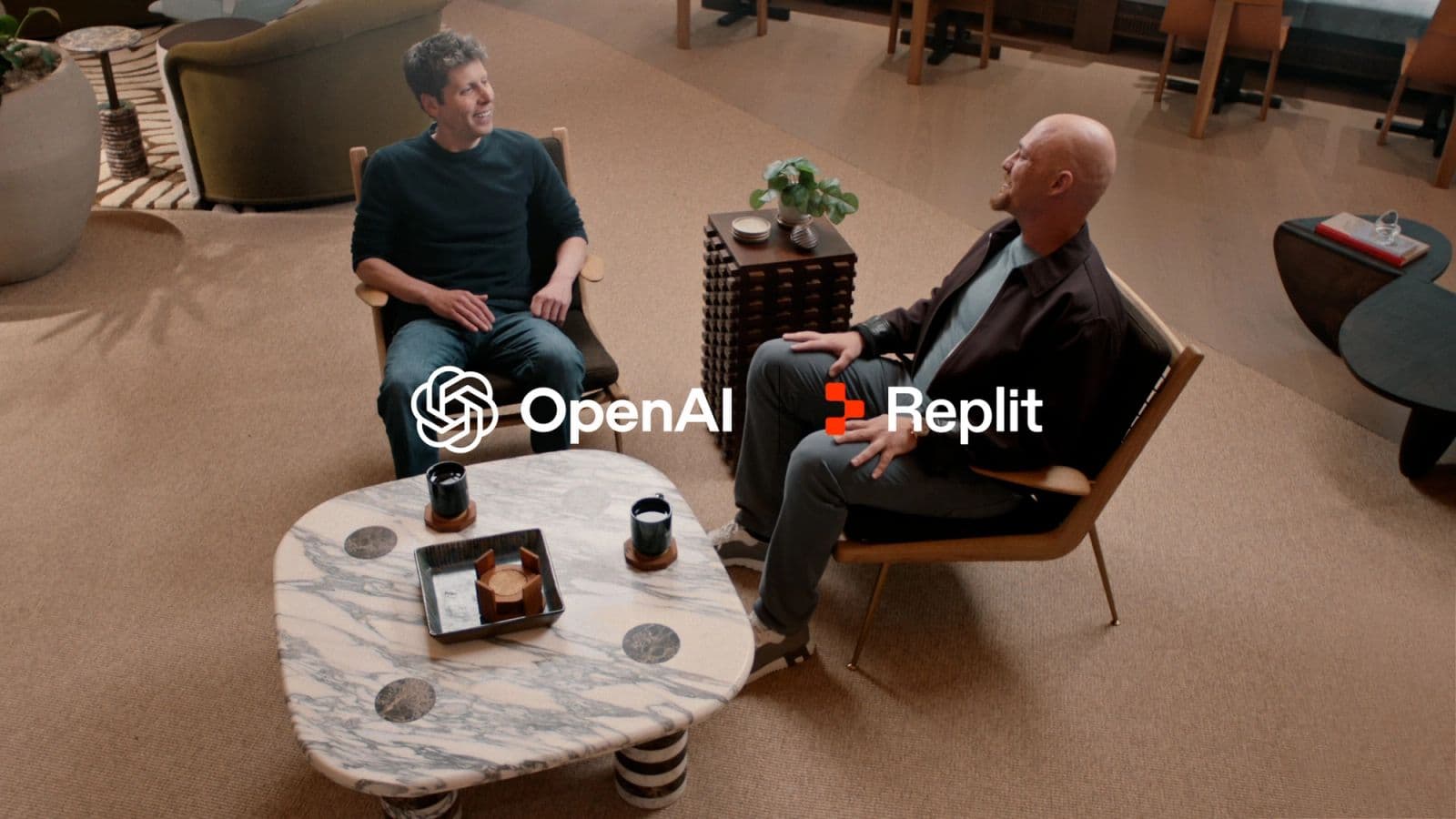 Integração entre Replit e OpenAI ilustrada por encontro entre duas pessoas com logotipos ao centro