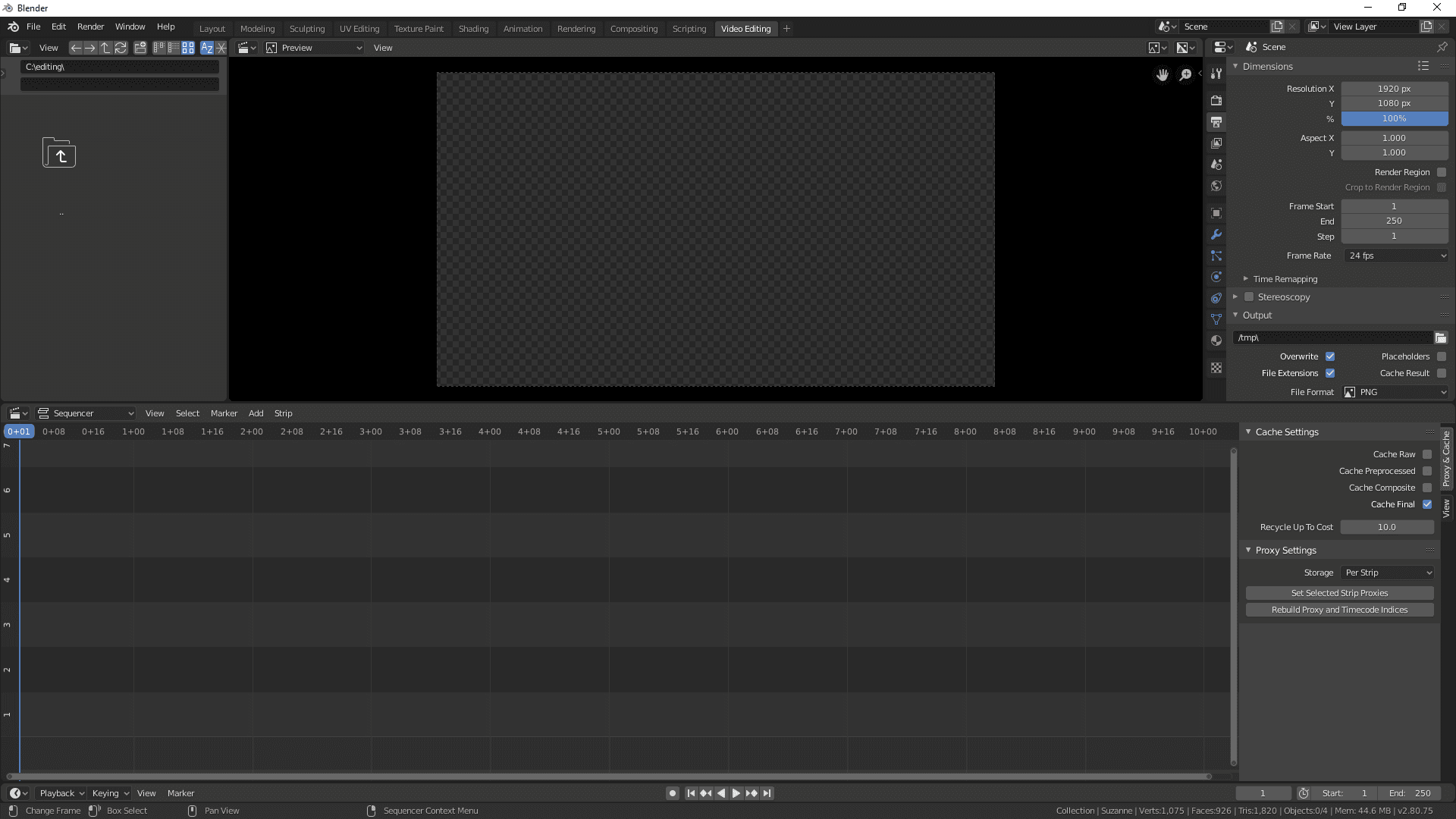 Interface de edição de vídeo com trilhas no Blender