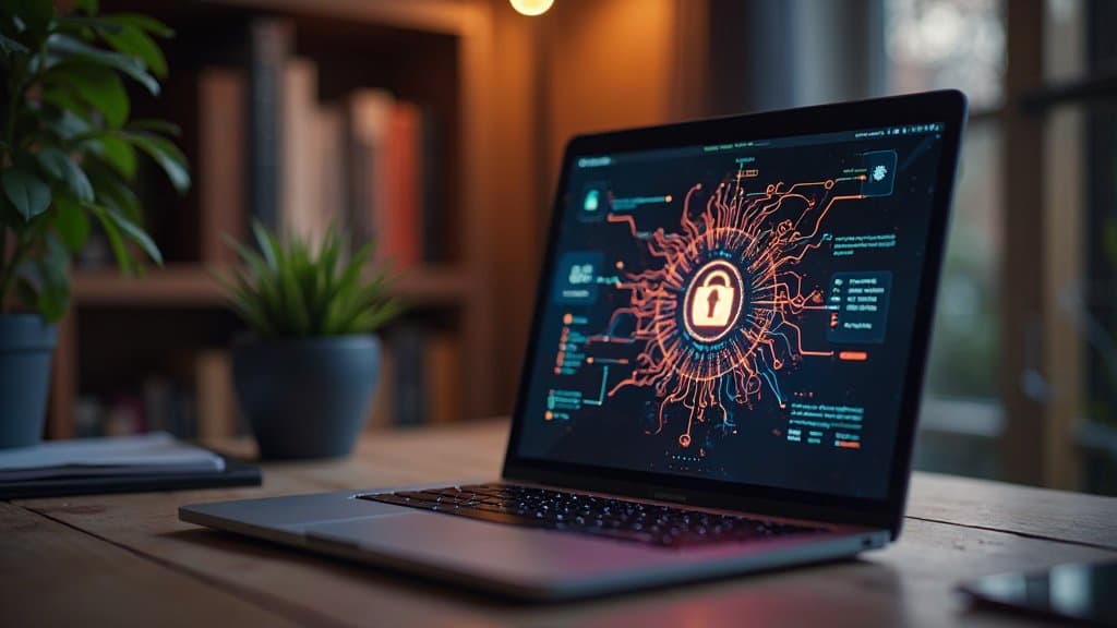 Conceito visual de linha do tempo de trabalho no Mac com IA local