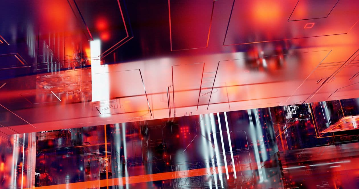 Plano de fundo tecnológico abstrato com tons vermelhos e metálicos