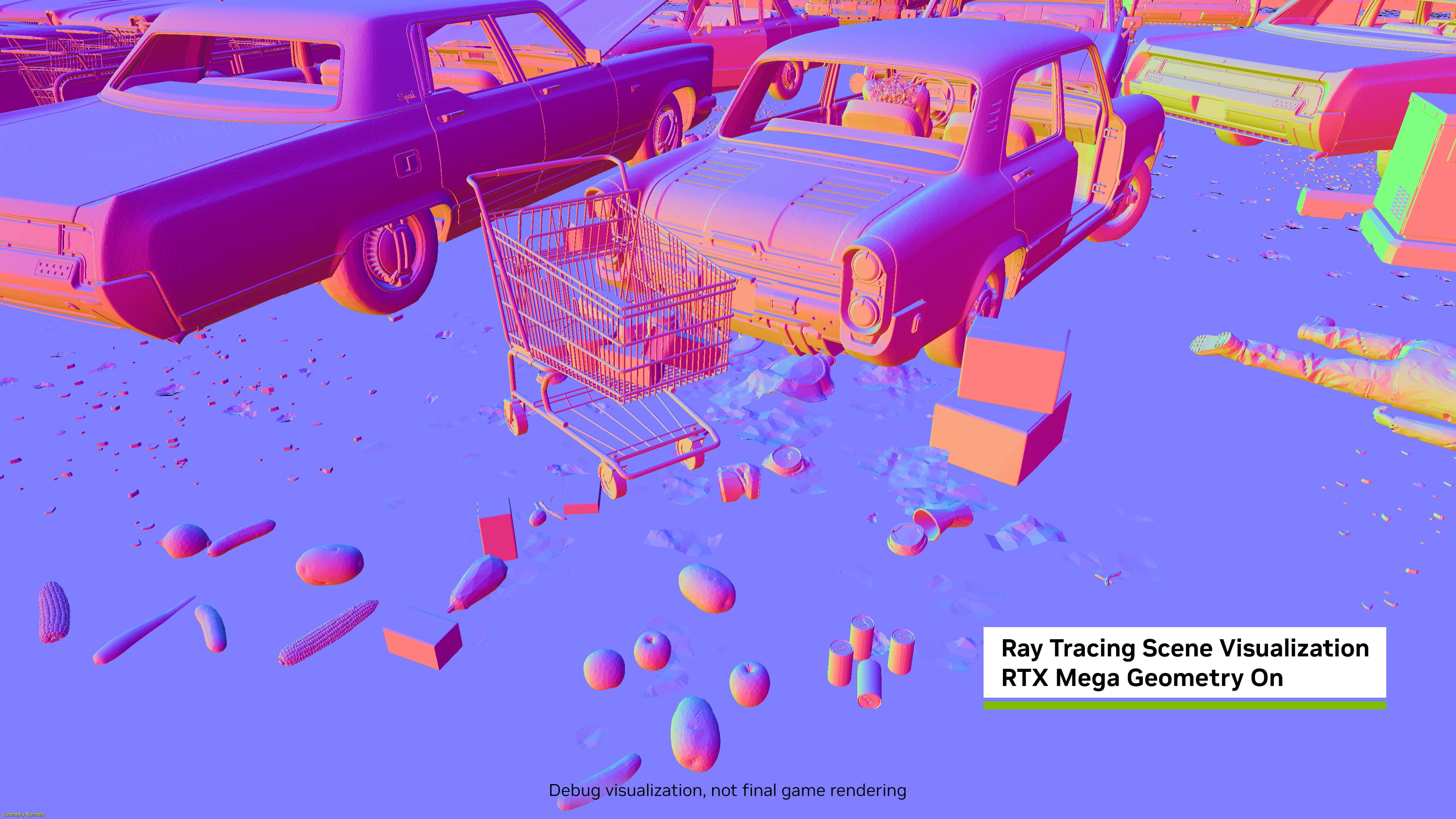 Comparação de cena com RTX Mega Geometry ligado mostrando alta densidade geométrica no ray tracing