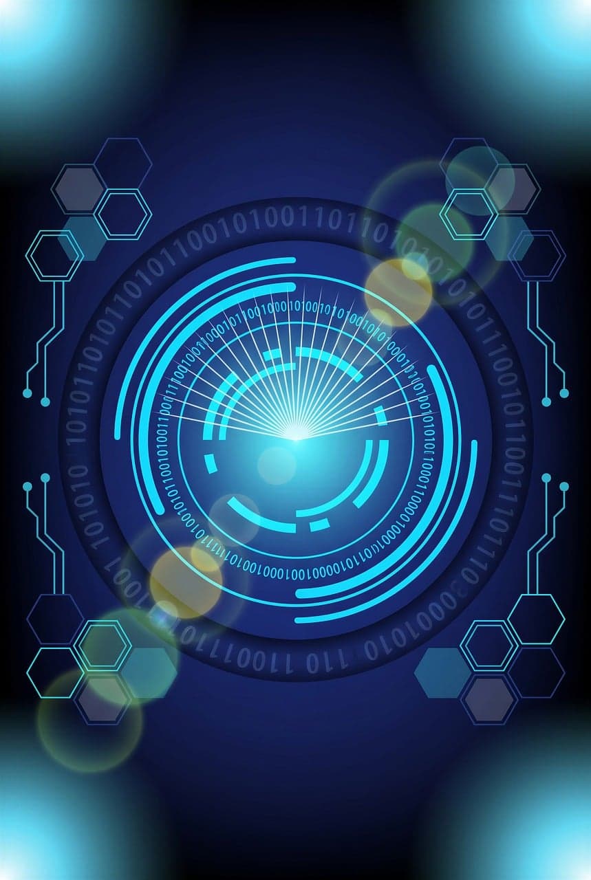Interface tecnológica circular em azul representando agentes de IA
