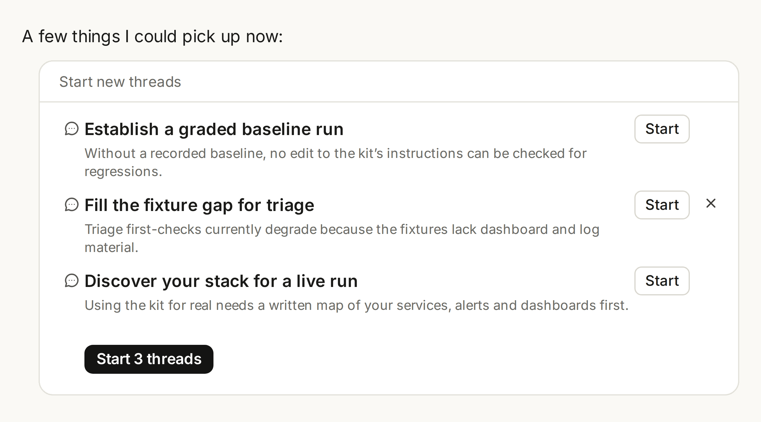 Interface de Claude Code Projects com threads iniciadas em paralelo