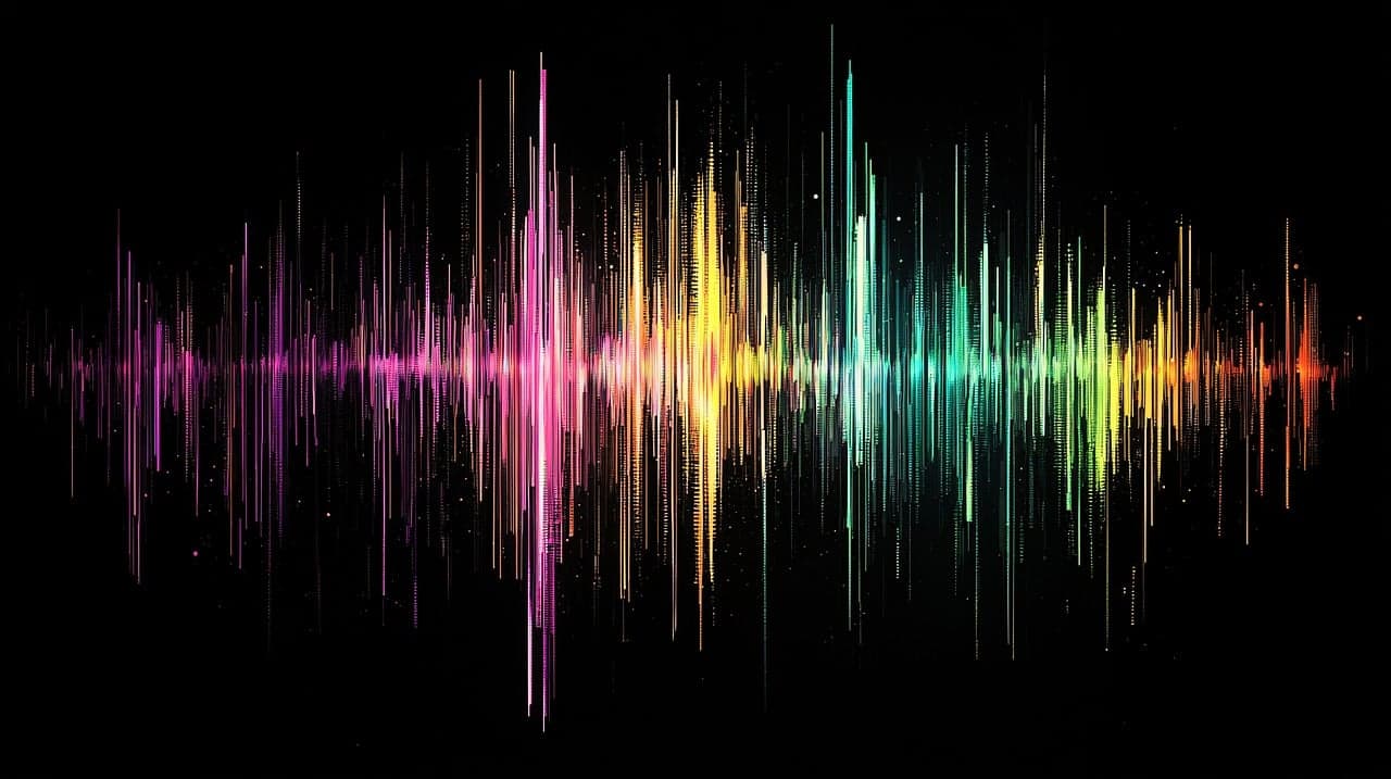 Visualização colorida de ondas sonoras representando transcrição de voz por IA