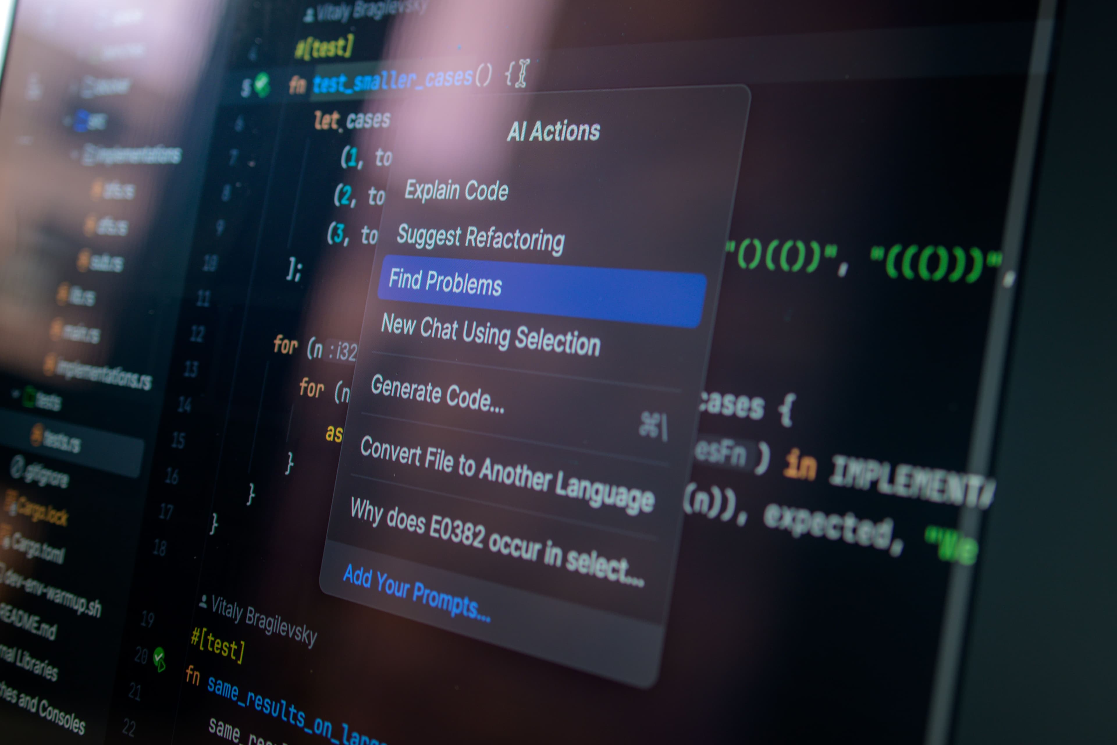 Tela de editor com menu de ações de IA e código em destaque