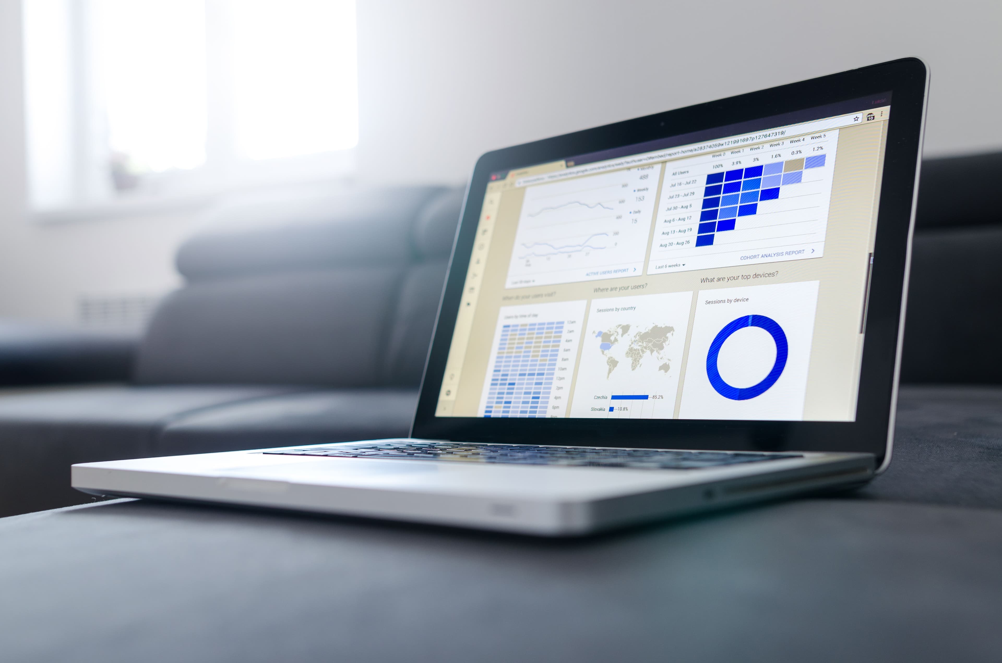 Laptop exibindo gráficos e dashboards de analytics, simbolizando gestão de workspace com IA