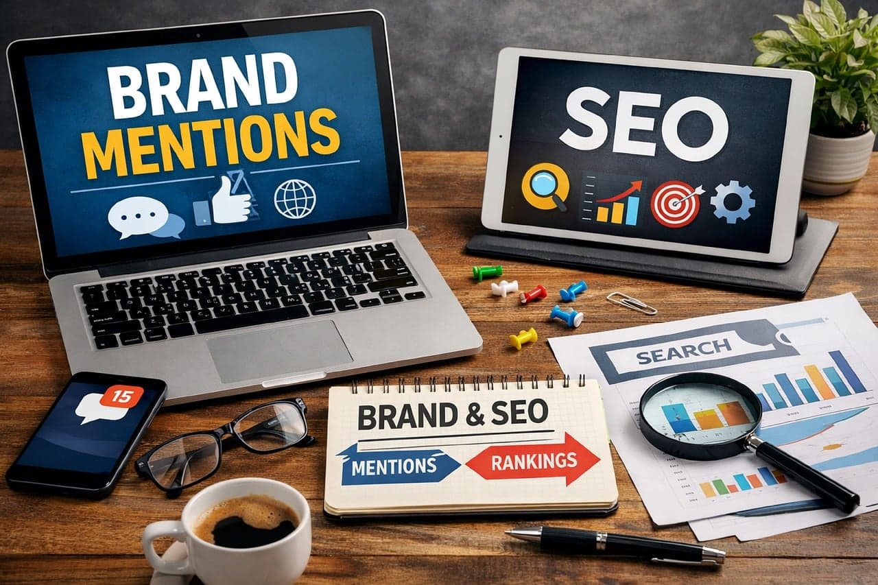 Mesa de trabalho com notebook e materiais de SEO e branding, sugerindo consistência visual de marca