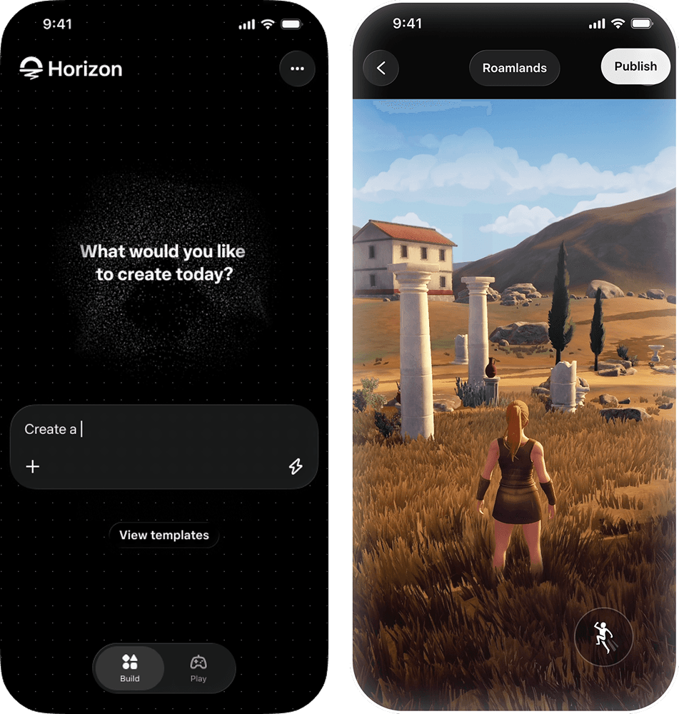 Tela do Horizon Create exibida em mock de smartphone, com cena de jogo 3D