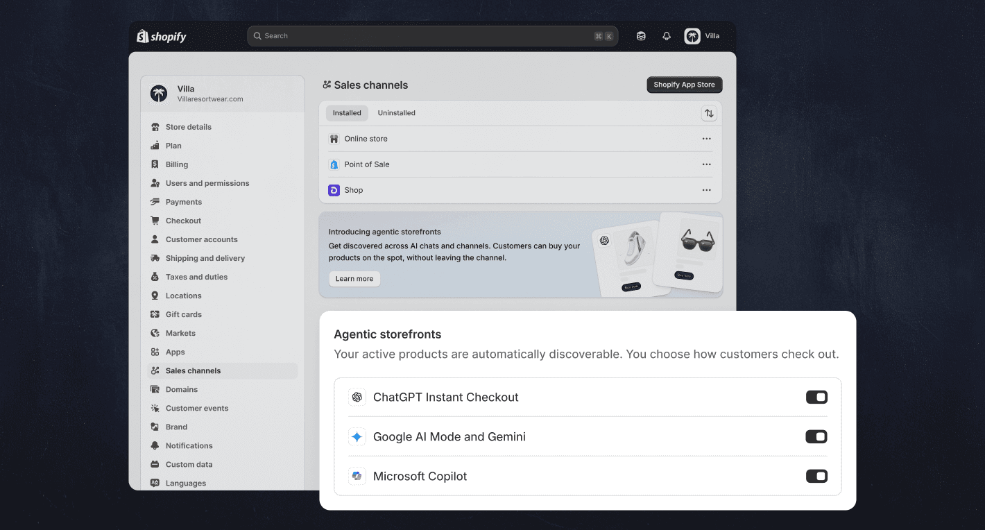 Interface da Shopify com opções de checkout agentizado