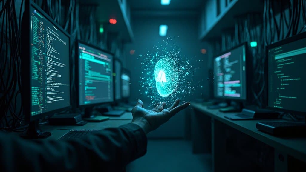 Conceito visual de cibersegurança aplicada a IA, teclado e código