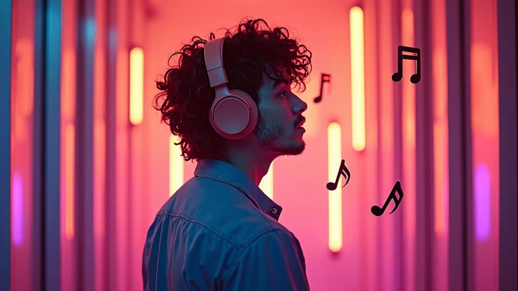 Conceito visual com tema YouTube Music e IA, cores escuras e destaque em azul
